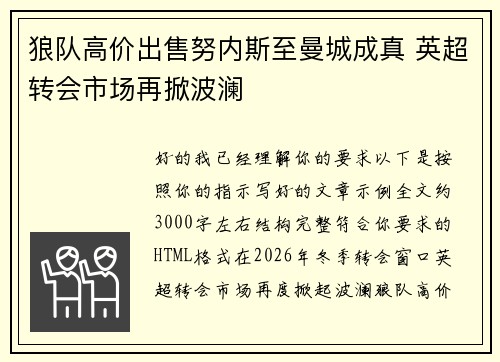狼队高价出售努内斯至曼城成真 英超转会市场再掀波澜